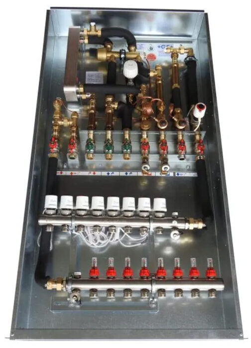 Wärmepumpen Wohnungsstation 4 - Leiter mit FB - Verteiler für direkte Fußbodenheizung, Fußbodenkühlung PM - Regler